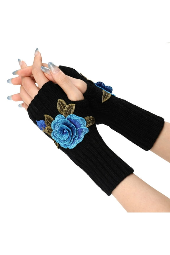 Gloves for Delicate Ladies Fashion Ladies Warm Knit Fingerless Gloves Convertible Mittens Fashion Flowers Winter Accessories Blue
