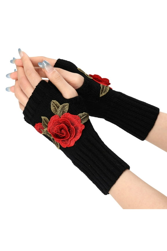 Gloves for Elegant Women Fashion Ladies Warm Knit Fingerless Gloves Convertible Mittens Fashion Flowers Winter Accessories Black