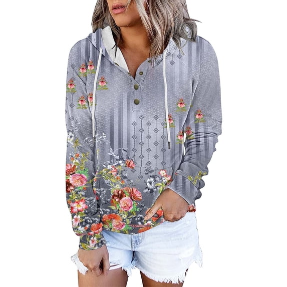 QASIEATN Hoodies for Graceful Women Fashion, Solid Color Long Sleeve Casual Hooded Sweatshirt with Female Button Buttons and Drawstring Pockets, Womens Fall Tops