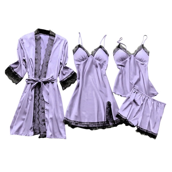 QASIEATN Lace Women Dress Sleepwear Robe Nightdress Set Pajamas Casual Loungewear Set