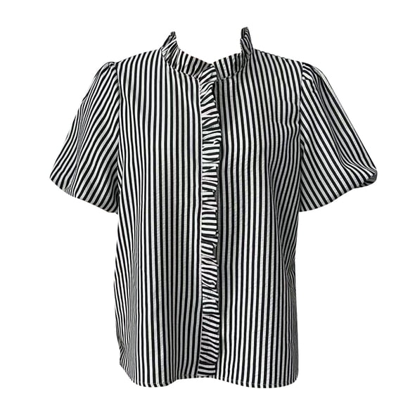 QASIEATN Ladies' Puff Sleeve Button Up Tops Summer Striped Stand Up Collar Fashionable Casual Loose Short Sleeved T Shirt