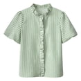 thumbnail image 1 of QASIEATN Ladies' Puff Sleeve Button Up Tops Summer Striped Stand Up Collar Fashionable Casual Loose Short Sleeved T Shirt, 1 of 6