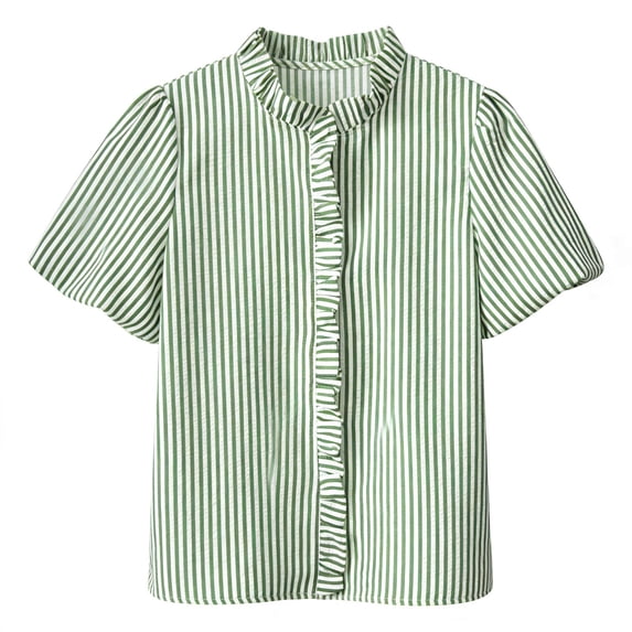 QASIEATN Ladies' Puff Sleeve Button Up Tops Summer Striped Stand Up Collar Fashionable Casual Loose Short Sleeved T Shirt