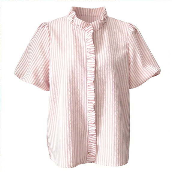 QASIEATN Ladies' Puff Sleeve Button Up Tops Summer Striped Stand Up Collar Fashionable Casual Loose Short Sleeved T Shirt