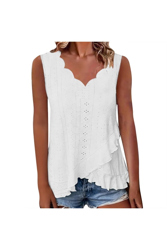 Ladies' Spring and Summer Casual Hollow Out Solid Color Cloth Scallop Edge V Neck Top