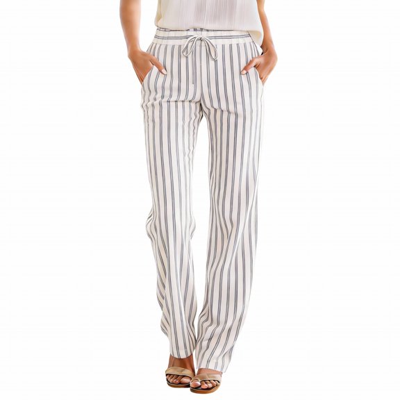 QASIEATN Linen Pants Women Summer Wide Leg Pants Elastic Waist Pants High Waisted Pants Casual Beach Trousers