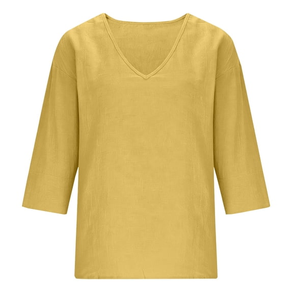 QASIEATN Linen Tops for Women Summer Shirts 3/4 Sleeve V Neck Blouses Casual Loose Vacation Clothes Fall Fashion Outfits for Women