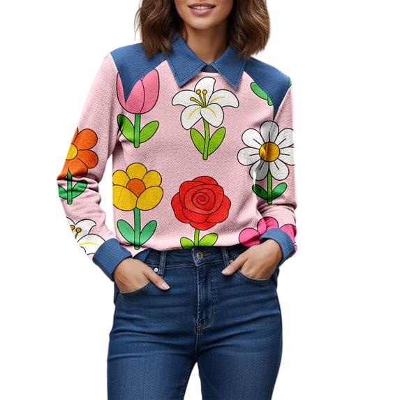 QASIEATN Long Sleeve Tops for Women Casual Lapel Denim Stitching Pullover Sweatshirt Spring Fall Fashion Clothing