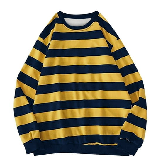QASIEATN Mens Fall Fashion Hoodless Pullover Autumn Winter Sweatshirt Round Pullover Tops Long Sleeved Stripe Blouse