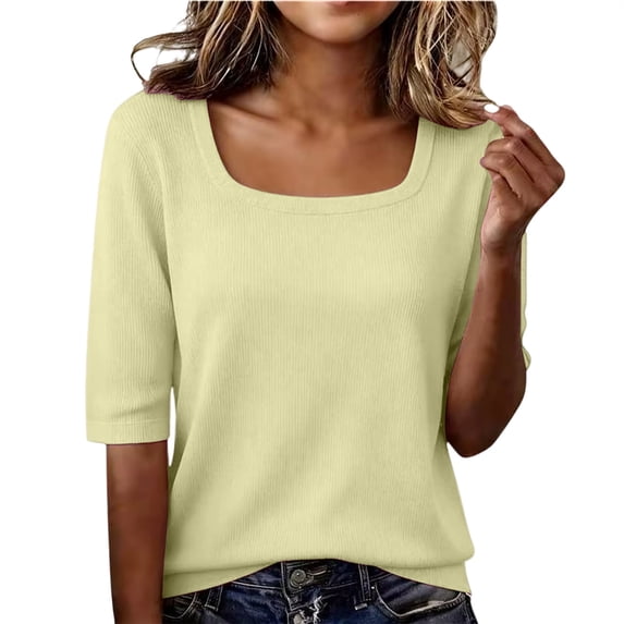 QASIEATN Short Sleeve Tops for Women Summer Thread Neck T Shirts Loose Fit Casual Lightweight Work Blouse Fall Fashion Outfits