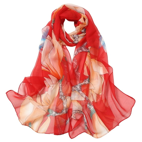 QASIEATN Silk Scarf for Graceful Ladies Fashion Scarfs for Women Lightweight Print Floral Pattern Scarf Shawl Fashion Scarves Sunscreen Shawls and Wraps for Spring Women's Accessories Red