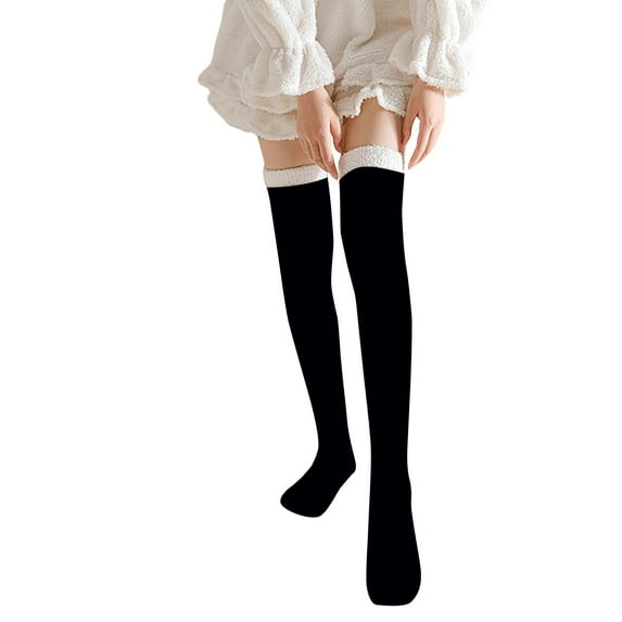 QASIEATN Stockings for Elegant Women Fashion Over Knee Coral Fleece Socks Long Tube Socks Winter Warm Sleeping Socks Thickened Striped Floor Socks Winter Accessories Black