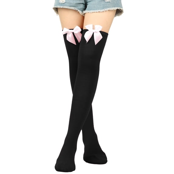 QASIEATN Stockings for Elegant Women Fashion Womens Long Socks Bowknot Pure Color Socks Thigh High Socks Over The Knee Socks Festival Christmas Winter Accessories Black