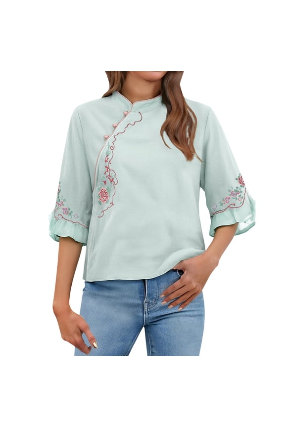 Summer Short Sleeve Cotton Linen Shirts for Women Fashion Retro Embroidered Loose Casual Top Frog Button Blouse Resort Wear