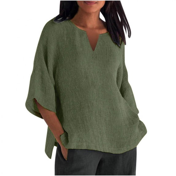 QASIEATN Summer Women's 7 Quarter Sleeve V Neck Solid Color Loose Top T Shirt Casual Shirt Fall Fashion Outfits for Women