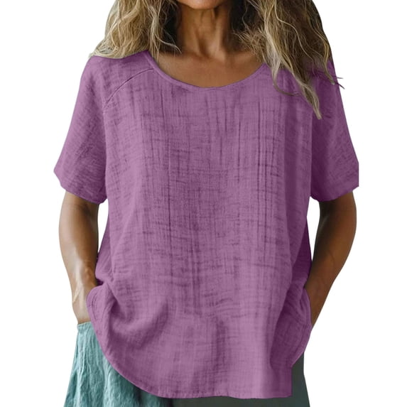 QASIEATN Summer Women's Summer Short Sleeve Solid Casual Cotton Linen Tops Fashion Loose Crewneck Blouse Tshirts for Women Resort Wear