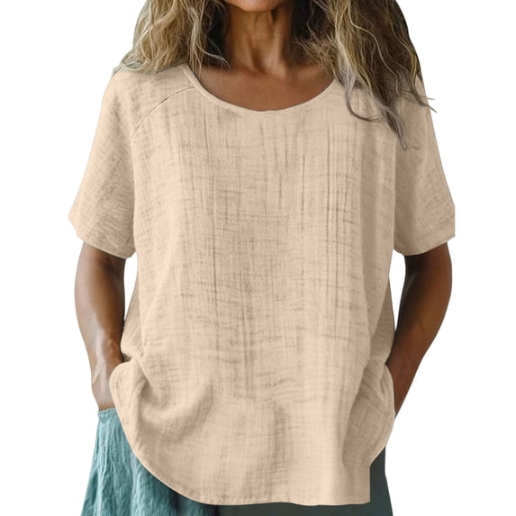 QASIEATN Summer Women's Summer Short Sleeve Solid Casual Cotton Linen Tops Fashion Loose Crewneck Blouse Tshirts for Women Resort Wear