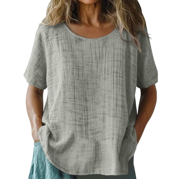 QASIEATN Summer Women's Summer Short Sleeve Solid Casual Cotton Linen Tops Fashion Loose Crewneck Blouse Tshirts for Women Resort Wear