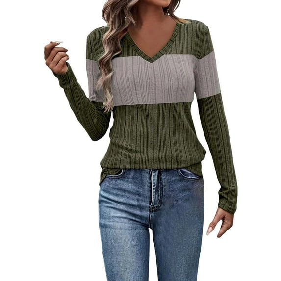 QASIEATN Sweaters for Graceful Ladies Fashion, Autumn Tops Lightweight Casual Pullover Sweater V Neck Long Sleeved V Neck Patchwork Color Blocked Long Sleeved Sweater, Womens Fall Tops