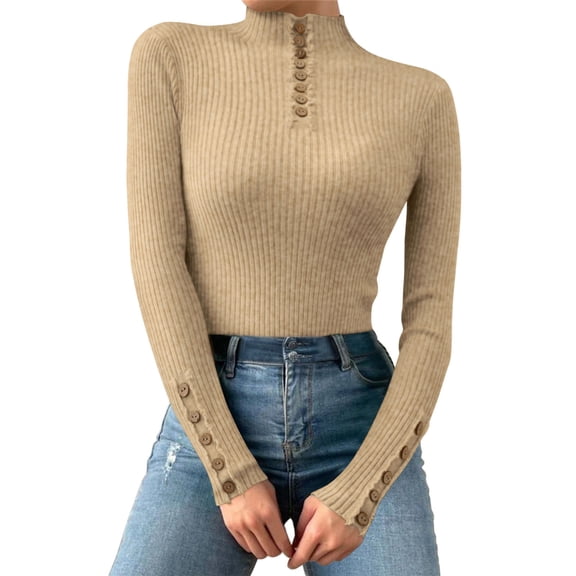 QASIEATN Sweaters for Graceful Ladies Fashion, Casual Autumn and Winter Multicolor Button Decoration Midhigh Collar Knitted Sweater Long Sleeved Top, Womens Fall Tops
