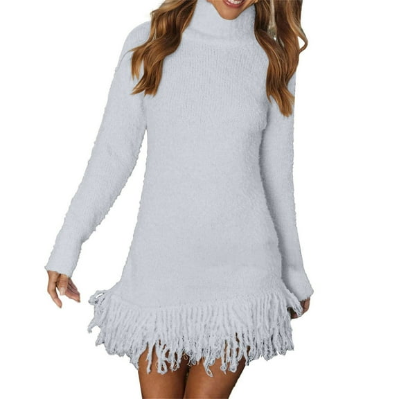 QASIEATN Sweaters for Graceful Women Fashion, Long Sleeve Sweater Dress Casual Turtleneck Ribbed Knit Pullover Tassel Fall Short Dresses, Womens Fall Tops