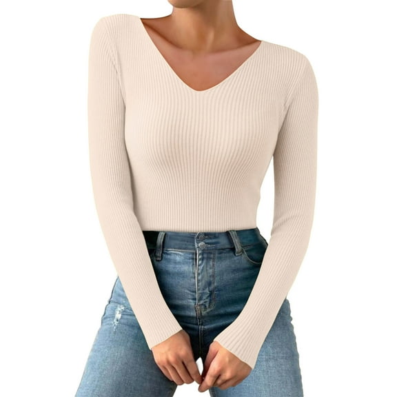 QASIEATN Sweaters for Graceful Ladies Fashion, Autumn and Winter V Neck Casual Knitted Long Sleeved Pullover Thermal Top, Womens Fall Tops