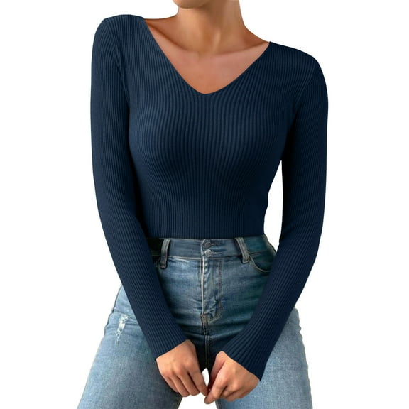 QASIEATN Sweaters for Graceful Ladies Fashion, Autumn and Winter V Neck Casual Knitted Long Sleeved Pullover Thermal Top, Womens Fall Tops