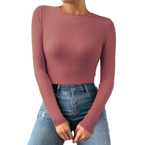 QASIEATN Sweaters for Graceful Ladies Fashion, Casual Multicolor Basic Round Neck Solid Color Knit Long Sleeve Bodysuit Top, Womens Fall Tops