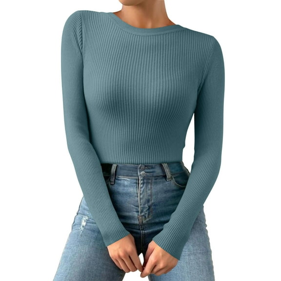 QASIEATN Sweaters for Graceful Ladies Fashion, Casual Multicolor Basic Round Neck Solid Color Knit Long Sleeve Bodysuit Top, Womens Fall Tops