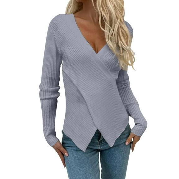 QASIEATN Sweaters for Graceful Ladies Fashion, Fashion V Neck Long Sleeve Solid Color Pullover Sweater Knitting Top, Womens Fall Tops