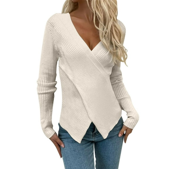 QASIEATN Sweaters for Graceful Ladies Fashion, Fashion V Neck Long Sleeve Solid Color Pullover Sweater Knitting Top, Womens Fall Tops