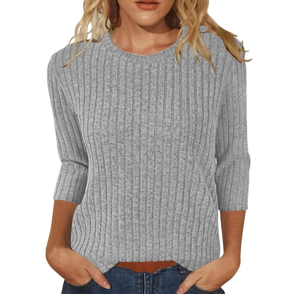 QASIEATN Sweaters for Graceful Women Fashion, Autumn Solid Color Round Neck Strip Bottom Loose Casual Seven Quarter Sleeve Top, Womens Fall Tops