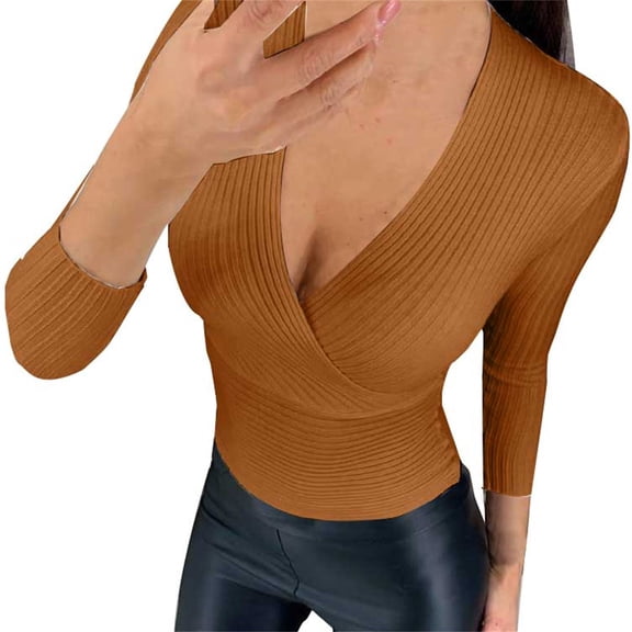 QASIEATN Sweaters for Graceful Women Fashion, Autumn and Winter Warm V Neck Low Neck Belted Long Sleeved Base Shirt, Womens Fall Tops