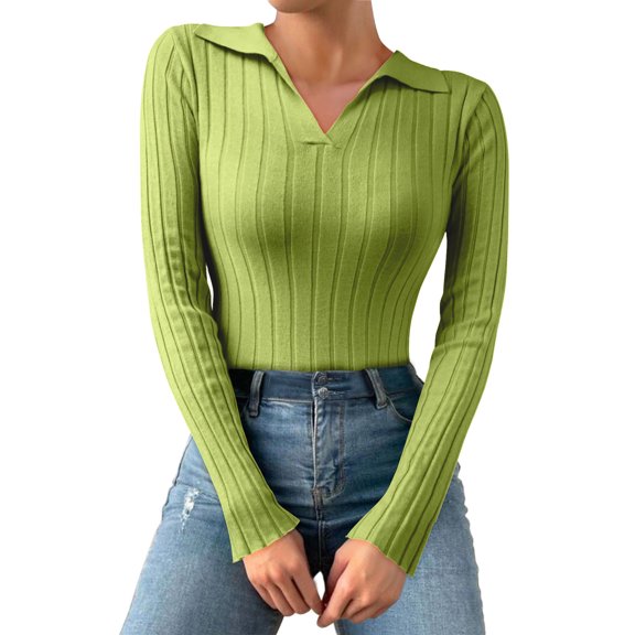 QASIEATN Sweaters for Graceful Women Fashion, Casual Simple Multicolor Lapel Long Sleeved Knitted Bottoming Shirt Top, Womens Fall Tops