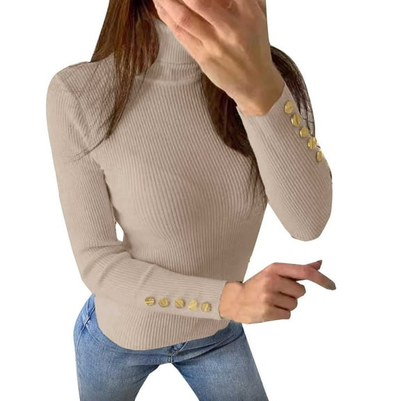 QASIEATN Sweaters for Graceful Women Fashion, High Neck Autumn and Winter Button Pullover Sweater Base Shirt Long Sleeved T Shirt, Womens Fall Tops