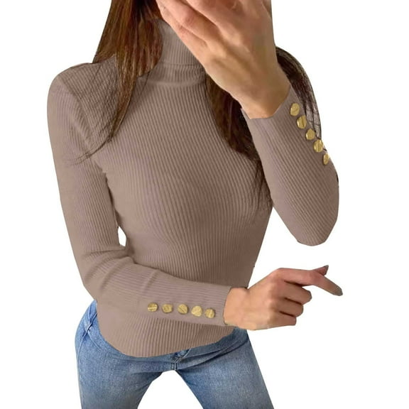 QASIEATN Sweaters for Graceful Women Fashion, High Neck Autumn and Winter Button Pullover Sweater Base Shirt Long Sleeved T Shirt, Womens Fall Tops