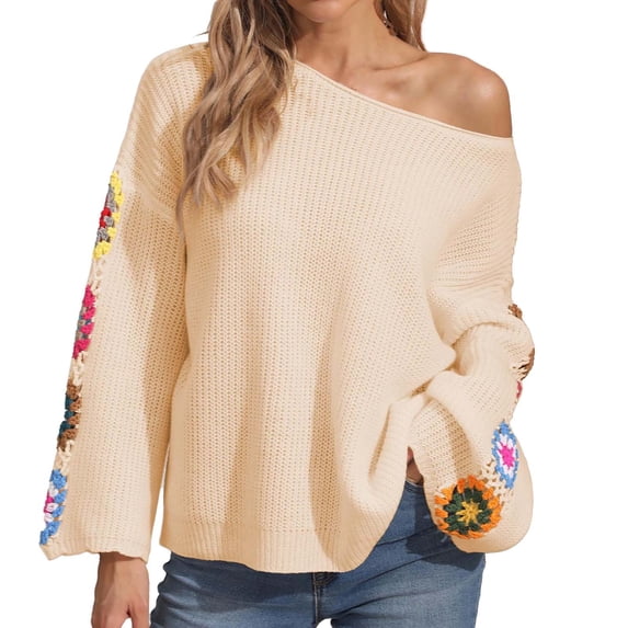 QASIEATN Sweaters for Graceful Women Fashion, Sweater Floral Pattern Drop Shoulder Pointelle Knit Sweater Sweater Women, Womens Fall Tops