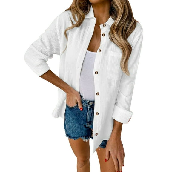 QASIEATN Sweatshirt for Graceful Ladies Fashion, Cotton Linen V Neck Button Down Shirt Long/Roll Up Sleeve Casual Collared Work Blouse Top, Womens Fall Tops