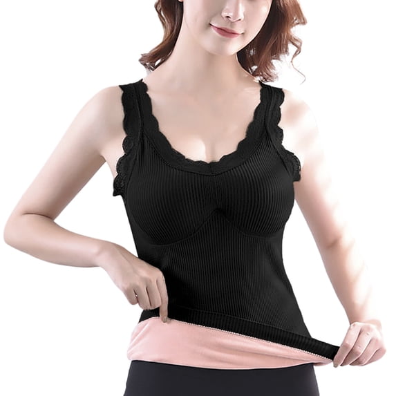 QASIEATN Sweatshirt for Graceful Women Fashion, Sleeveless Thermal Shirts with Detachable Built In Bra V Neck Vest Fleece Lined Underwear Thermal Tank Tops, Womens Fall Tops