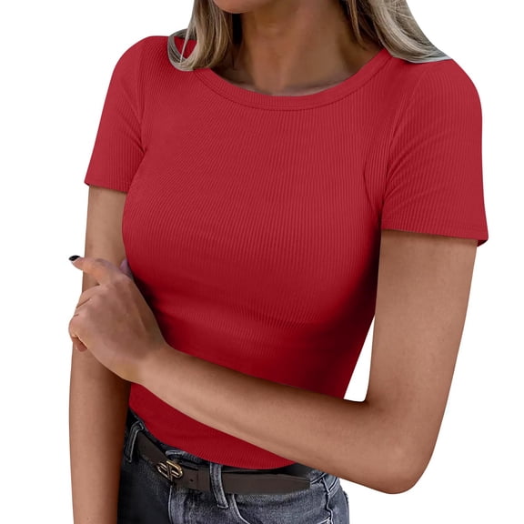 QASIEATN Sweatshirt for Graceful Ladies Fashion, Short Sleeve Neck Ribbed Knit Casual Tops Tee Summer Slim Basic Shirts, Womens Fall Tops