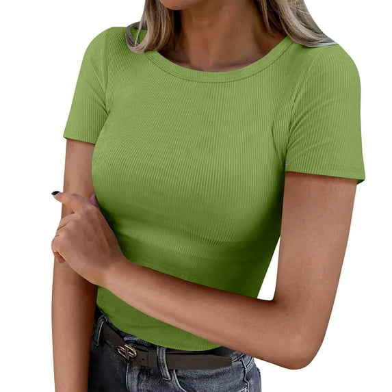 QASIEATN Sweatshirt for Graceful Ladies Fashion, Short Sleeve Neck Ribbed Knit Casual Tops Tee Summer Slim Basic Shirts, Womens Fall Tops