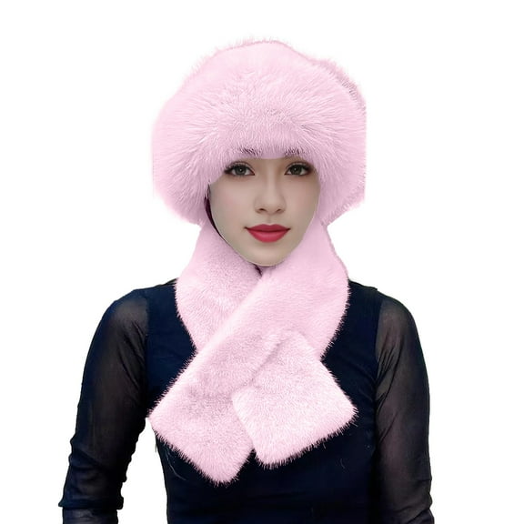 QASIEATN Thermal Set for Delicate Ladies Fashion 2 Pcs Winter Hat Scarf Set Furry Thickened Windproof Thermal Neck Warmer Solid Color Dome Faux Fisherman Hat Winter Accessories Pink