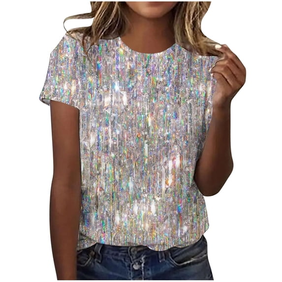 QASIEATN Trendy Essentials Clothing for Women: Pretty Short Sleeve Sequin Print Round Neck Casual T Shirt Fall Fashion Outfits for Women