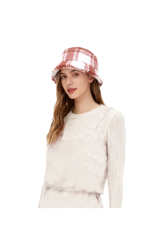 Trendy Women's and Men's Bucket Hat Checked Thickened Plush Fisherman Hat Warm Outdoor Sun Hat for Autumn and Winter Unisex Casual Fisherman Hat Winter Accessories Red
