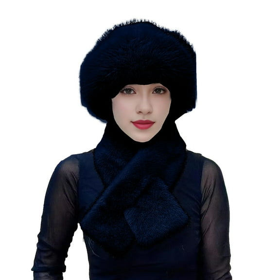 QASIEATN Warm Set for Elegant Women Fashion 2 Pcs Winter Hat Scarf Set Furry Thickened Windproof Thermal Neck Warmer Solid Color Dome Faux Fisherman Hat Winter Accessories Black