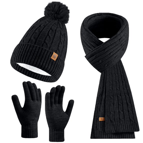 QASIEATN Winter Hat Beanie Long Scarf Touchscreen Gloves Set 3Pcs Soft Thick Fleece Lined Gloves Cap Scarf Set for Women Fall Fashion Accessories