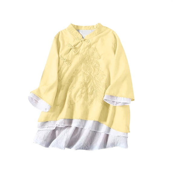 QASIEATN Women Long Sleeve Frog Button Down Blouse Top Trendy Embroidered Cheongsam Shirt Summer Blouse Fashion Clothing