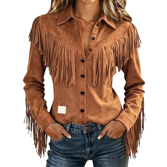 QASIEATN Women Suede Fringe Western Shirts Long Sleeve Button Down Retro Blosue Tassel Motorcycle Suede Outwear Fall Fashion Outfits