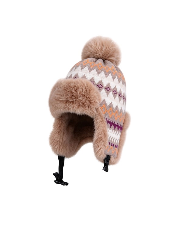 Women Winter Trapper Hat Fleece Lined Knit Earflap Hat with Snowflake Isle Pattern Windproof Warm Hat for Cold Weather Skiing