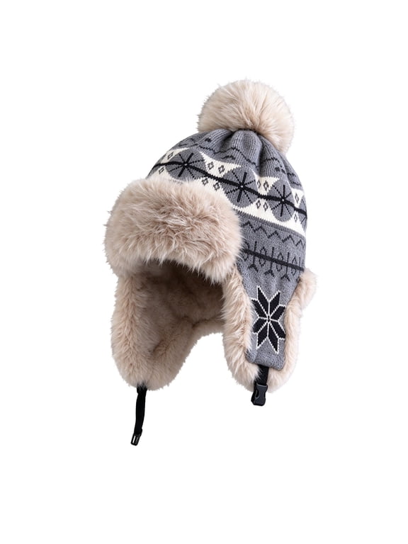 Women Winter Trapper Hat Fleece Lined Knit Earflap Hat with Snowflake Isle Pattern Windproof Warm Hat for Cold Weather Skiing